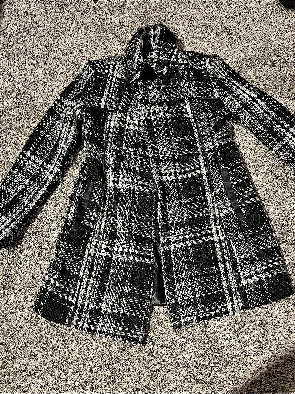 BCX Plaid Pea Coat in Black & White - Size Small